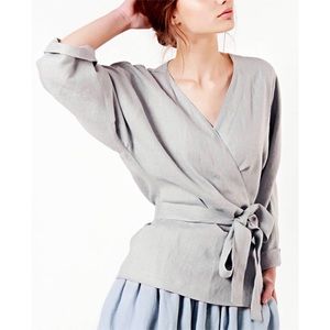 Brand new Linen Handmade Studio Roma wrap top, large, light gray.